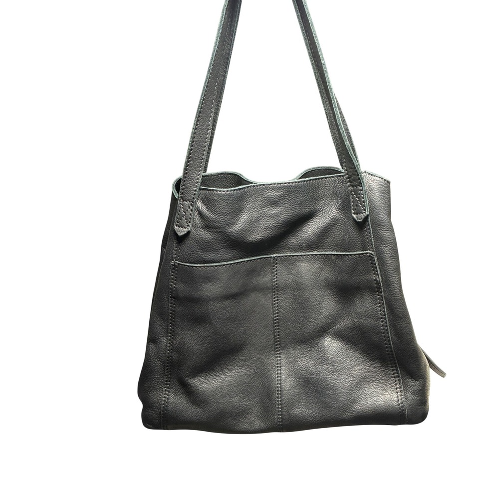 Margot Leather Shoulder Bag Triple Compartment Tote Black Medium Minimalist